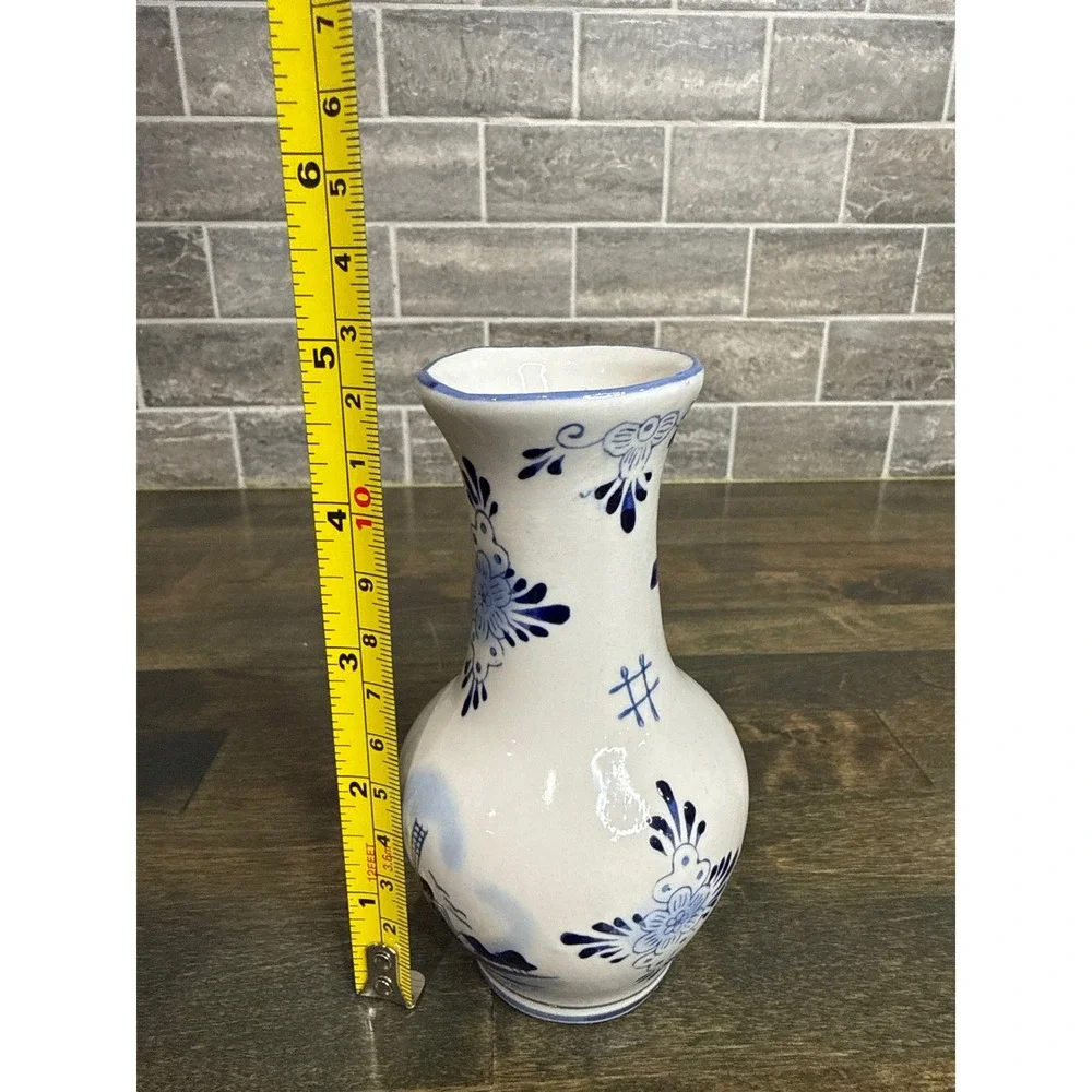 Delfts Blauw Handpainted Holland Bud Vase Blue White Windmill Floral 5